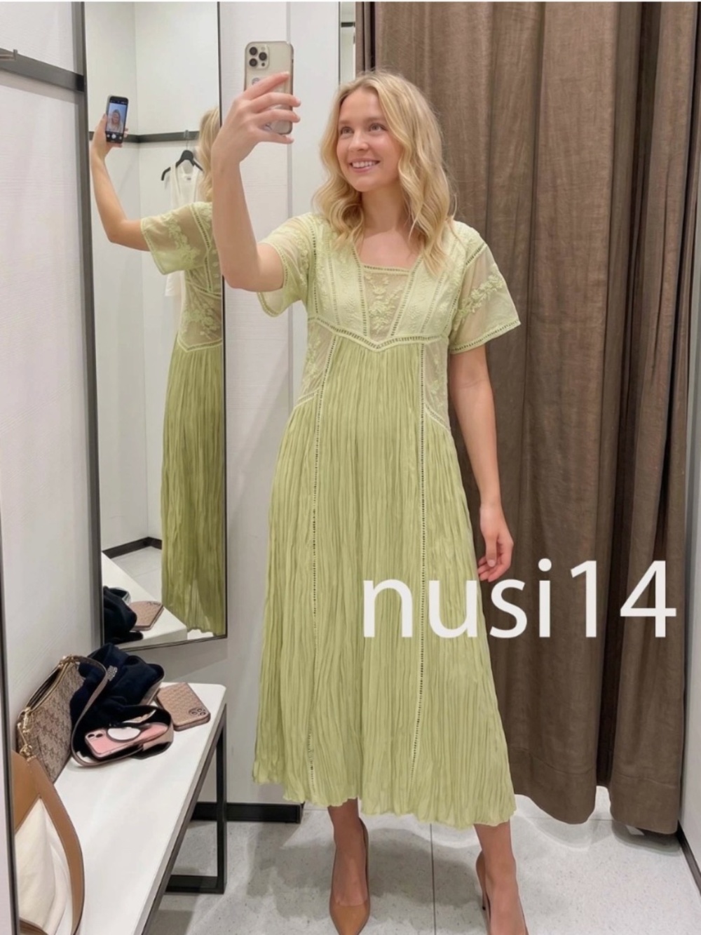 ZARA ZW EMBROIDERED PLEATED DRESS ZW COLLECTION PISTACHIO 7521/063/511 SMALL S - Picture 2 of 3